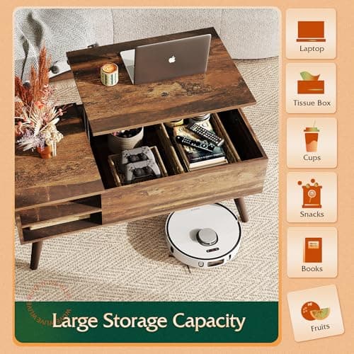 WLIVE Wood Lift Top Coffee Table with Hidden Compartment and Adjustable Storage Shelf, Lift Tabletop Dining Table for Home Living Room, Office, Rustic Oak - View 4