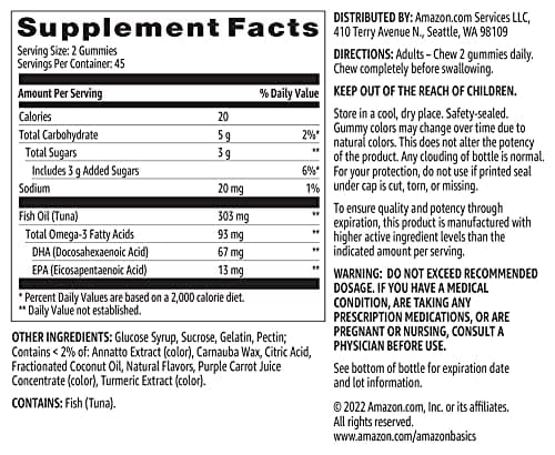 Amazon Basics Fish Oil 303 mg, Lemon, Orange & Strawberry-Banana flavors, 90 Gummies (2 per Serving), EPA and DHA Omega-3 fatty acids (Previously Solimo) - View 5