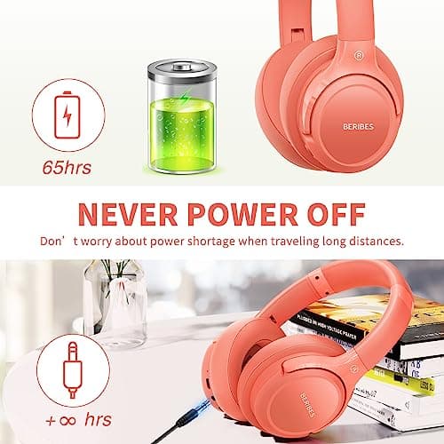 Bluetooth Headphones Over Ear,BERIBES 65H Playtime and 6 EQ Music Modes Wireless with Microphone,HiFi Stereo Foldable Lightweight Headset, Deep Bass for Home Office Outdoors Etc(Orange Red) (202A) - View 6