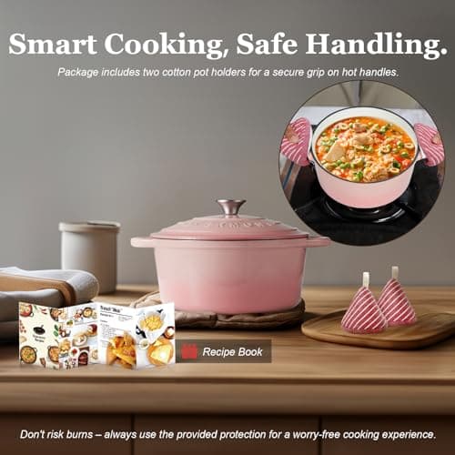 Overmont Enameled Cast Iron Dutch Oven - 4.5QT Pot with Lid Cookbook & Cotton Potholders - Heavy-Duty Cookware for Braising, Stews, Roasting, Bread Baking pink - View 6