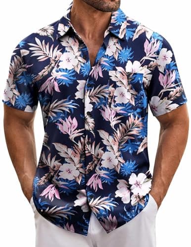COOFANDY Mens Tropical Hawaiian Shirt Short Sleeve Casual Button Down Floral Printed Beach Shirts with Pocket Blue