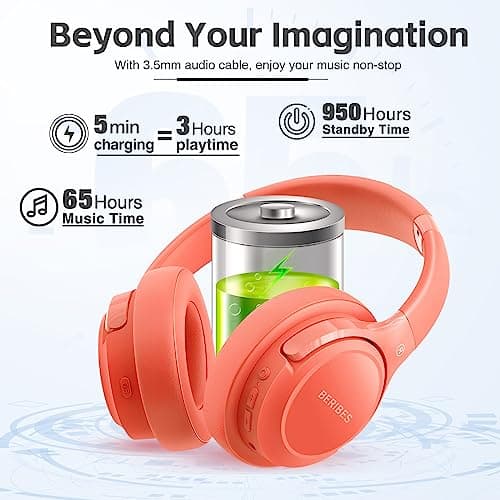 Bluetooth Headphones Over Ear,BERIBES 65H Playtime and 6 EQ Music Modes Wireless with Microphone,HiFi Stereo Foldable Lightweight Headset, Deep Bass for Home Office Outdoors Etc(Orange Red) (202A) - View 5