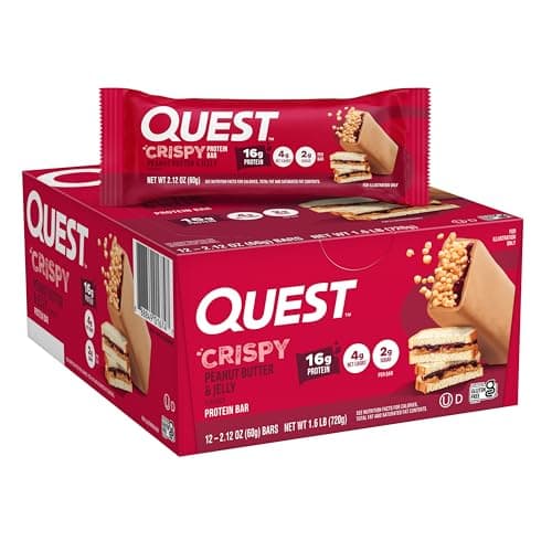 Quest Nutrition Crispy Peanut Butter & Jelly 16g Protein Bar, 2g Sugar, 4g Net Carbs, Gluten Free Snack, Keto Friendly, 12 Count