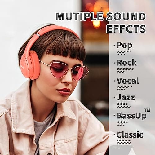 Bluetooth Headphones Over Ear,BERIBES 65H Playtime and 6 EQ Music Modes Wireless with Microphone,HiFi Stereo Foldable Lightweight Headset, Deep Bass for Home Office Outdoors Etc(Orange Red) (202A) - View 3