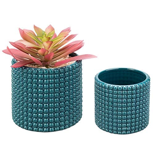 MyGift 6 Inch Ceramic Round Planter Pot, Set of 2 Vintage-Style Turquoise Ceramic Flower Pots, Indoor Hobnail Textured Cylindrical Succulent Plant Containers - View 2
