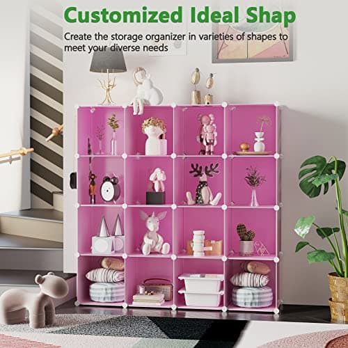 C&AHOME Cube Storage Organizer, 16-Cube Shelves Units, Plastic Storage Cubes, DIY Closet Organizer, Modular Closet Storage Shelves Ideal for Home, Bedroom, 48.4" L × 12.4" W × 48.4" H Pink UPCS16P - View 5