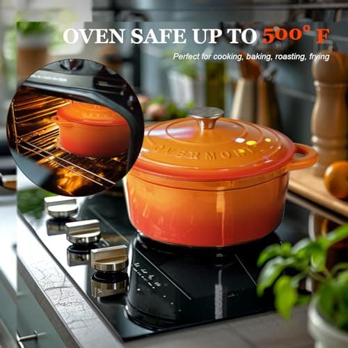 Overmont Enameled Cast Iron Dutch Oven - 4.5QT Pot with Lid Cookbook & Cotton Potholders - Heavy-Duty Cookware for Braising, Stews, Roasting, Bread Baking orange - View 4