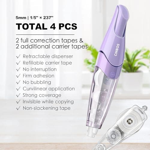 CINBOS Refillable Retractable White Correction Tape, White Smooth Pull Out Correction Tape with 2 Extra Refills, Cute Correction Tape for Office Supplies, 4 PCS (CS-26) - View 2