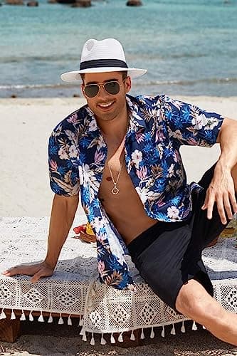 COOFANDY Mens Tropical Hawaiian Shirt Short Sleeve Casual Button Down Floral Printed Beach Shirts with Pocket Blue - View 3