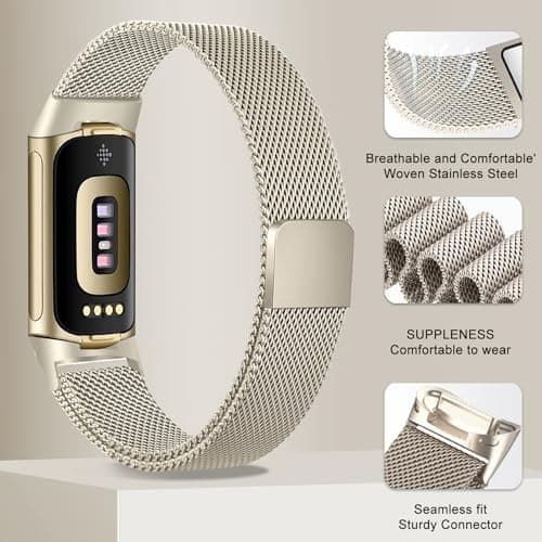 surundo Compatible with Fitbit Charge 6/Charge 5 Bands for Wmen Men, Metal Mesh Milanese Loop Adjustable Strap Replacement for Fitbit Charge 6/Charge 5 Advanced Fitness & Health Trackers - View 4