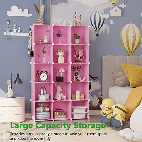 C&AHOME Cube Storage Organizer, 16-Cube Shelves Units, Plastic Storage Cubes, DIY Closet Organizer, Modular Closet Storage Shelves Ideal for Home, Bedroom, 48.4" L × 12.4" W × 48.4" H Pink UPCS16P - View 4