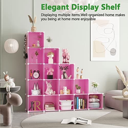 C&AHOME Cube Storage Organizer, 16-Cube Shelves Units, Plastic Storage Cubes, DIY Closet Organizer, Modular Closet Storage Shelves Ideal for Home, Bedroom, 48.4" L × 12.4" W × 48.4" H Pink UPCS16P - View 3