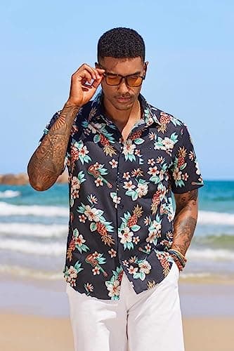 COOFANDY Men's Hawaiian Shirt Short Sleeve Casual Button Down Floral Printed Beach Shirts with Pocket Black - View 3