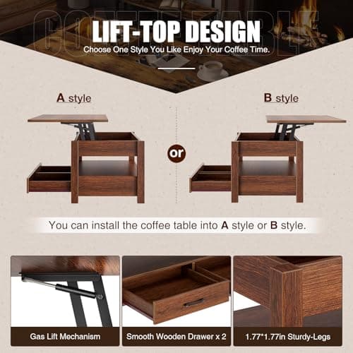 Rolanstar Coffee Table, Lift Top Coffee Table with Drawers and Hidden Compartment, Retro Central Table with Wooden Lift Tabletop, for Living Room,Espresso - View 6