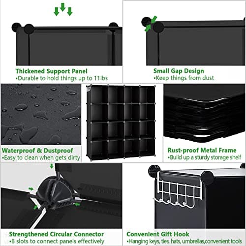 C&AHOME Cube Storage Organizer, 16-Cube Shelves Units, Plastic Storage Cubes, DIY Closet Organizer, Modular Closet Storage Shelves Ideal for Home, Bedroom, 48.4" L × 12.4" W × 48.4" H Black SUM3016H - View 6