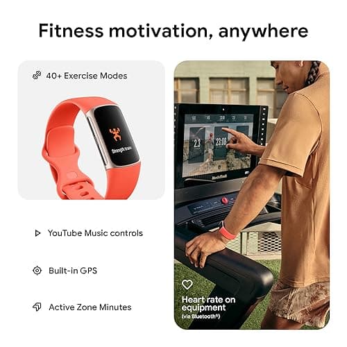 Fitbit Charge 6 Fitness Tracker with Google apps, Heart Rate on Exercise Equipment, 6-Months Premium Membership Included, GPS, Health Tools and More, Gold/Coral, One Size (S & L Bands Included) - View 4