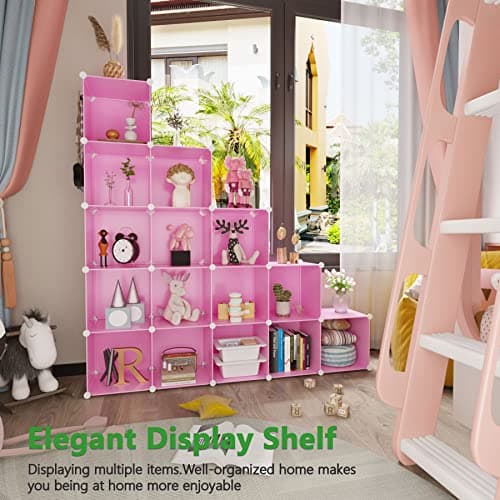 C&AHOME Cube Storage Organizer, 16-Cube Shelves Units, Plastic Storage Cubes, DIY Closet Organizer, Modular Closet Storage Shelves Ideal for Home, Bedroom, 48.4" L × 12.4" W × 48.4" H Pink UPCS16P - View 8