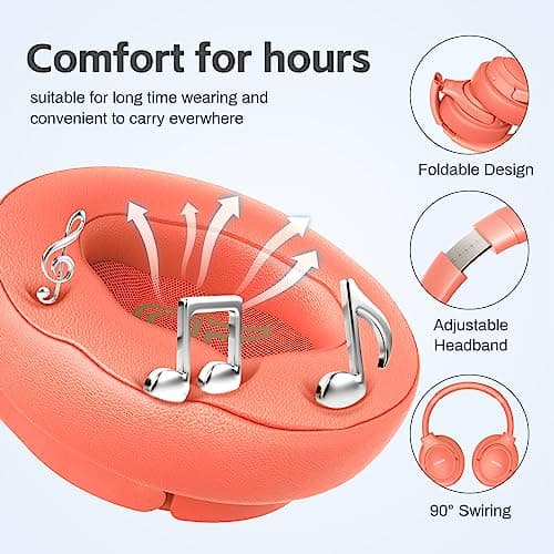 Bluetooth Headphones Over Ear,BERIBES 65H Playtime and 6 EQ Music Modes Wireless with Microphone,HiFi Stereo Foldable Lightweight Headset, Deep Bass for Home Office Outdoors Etc(Orange Red) (202A) - View 2