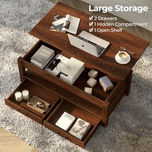 Rolanstar Coffee Table, Lift Top Coffee Table with Drawers and Hidden Compartment, Retro Central Table with Wooden Lift Tabletop, for Living Room,Espresso - View 5